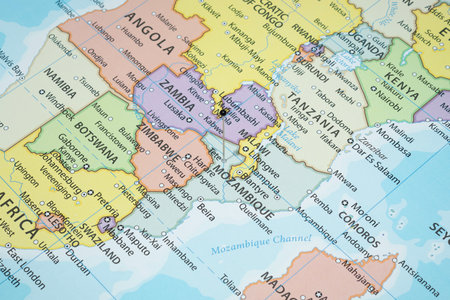 Close up to a Tete city with a black pin needle into Mozambique country political map