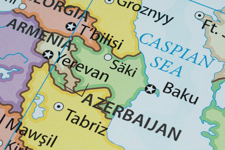 Close up to a Azerbaijan political map with country borders and most important citiesの写真素材