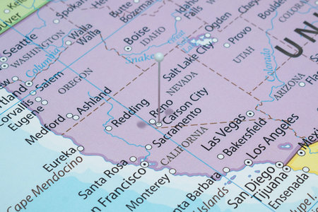Close up to a Carson city with a white pin needle into United States of America country political...