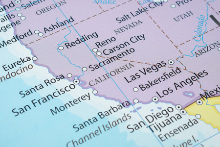 Macro photography of California state of United States of america political map with most important...