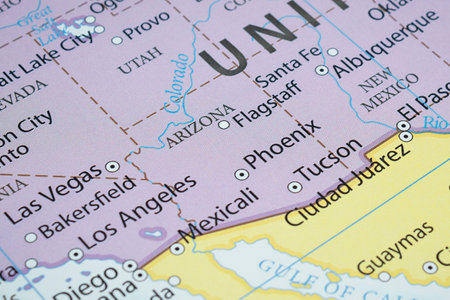 Macro photography of Arizona state of United States of america political map with most important cities and bordersの写真素材