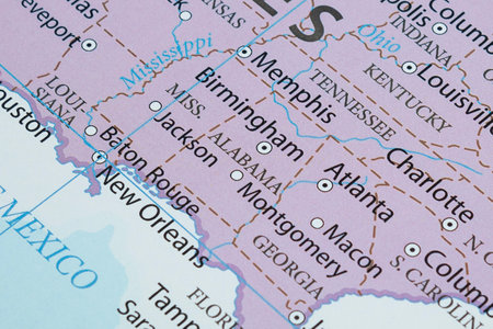 Macro photography of Alabama state of United States of america political map with most important cities and bordersの写真素材