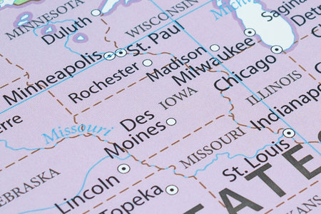 Macro photography of Iowa state of United States of america political map with most important cities...