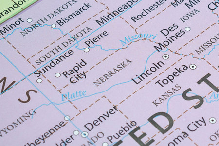 Macro photography of Nebraska state of United States of america political map with most important...