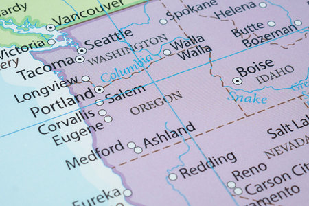 Macro photography of Oregon state of United States of america political map with most important...