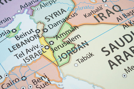 Close up to a Jordan political map with country borders and most important citiesの写真素材
