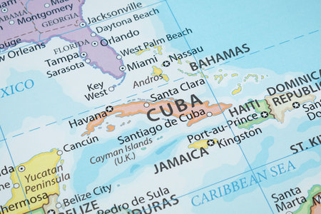 Close up to a Cuba political map with country borders and most important citiesの写真素材