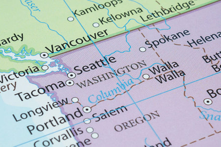 Macro photography of Washington state of United States of america political map with most important cities and bordersの写真素材