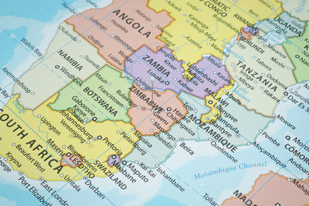 Close up to a Gweru city with a white pin needle into Zimbabwe country political map