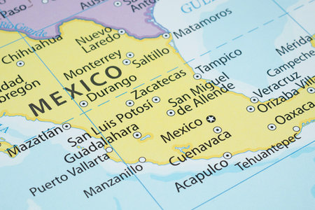 Macro photography of San Luis Potosi city into political mexican map with important cities