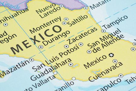 Macro photography of Zacatecas city into political mexican map with important cities