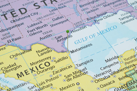 Close up to a Matamoros city with a green pin needle into Mexico country political map
