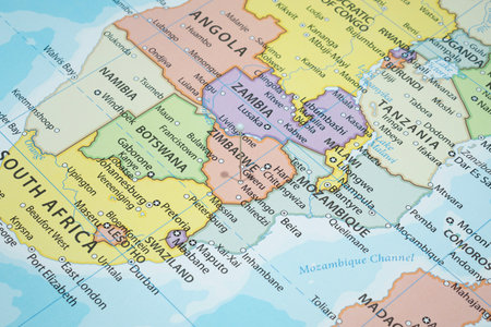 Close up to a Masvingo city with a white pin needle into Zimbabwe country political map