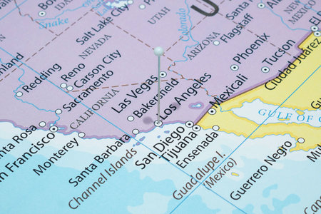 Close up to a Los Angeles city with a white pin needle into United States of America country...
