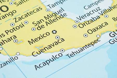 Macro photography of Cuernavaca city into political mexican map with important cities