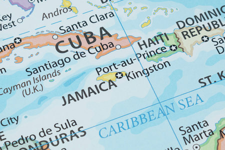 Close up to a Jamaica political map with country borders and most important citiesの写真素材