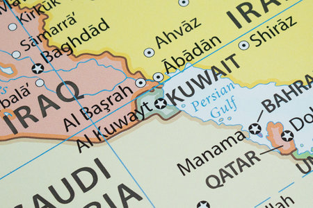 Close up to a Kuwait political map with country borders and most important citiesの写真素材