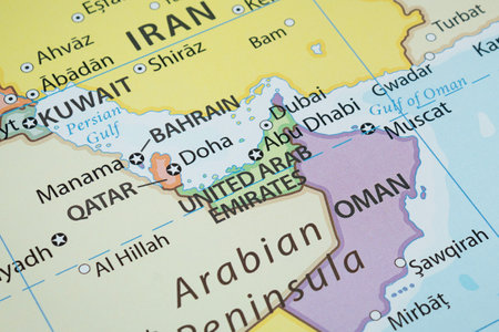 Close up to a United Arab Emirates political map with country borders and most important citiesの写真素材
