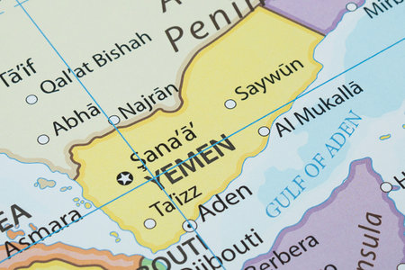 Close up to a Yemen political map with country borders and most important citiesの写真素材