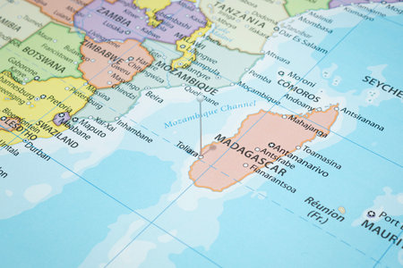 Close up to a Toliara city with a white pin needle into Madagascar country political mapの写真素材