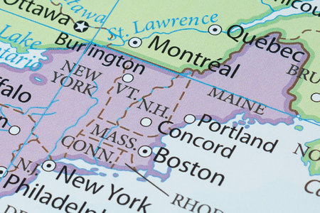 Macro photography of New Hampshire state of United States of america political map with most important cities and bordersの写真素材