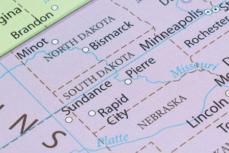 Macro photography of South Dakota state of United States of america political map with most...