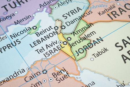 Close up to an Israel political map with country borders and most important citiesの写真素材