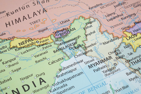 Close up to Bangladesh political map with country borders and most important citiesの写真素材