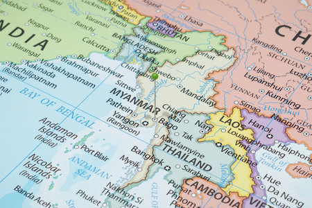 Close up to a Bago city with a green pin needle into Myanmar country political mapの写真素材