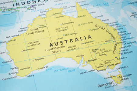 Close up to Australia political map with country borders and most important citiesの写真素材