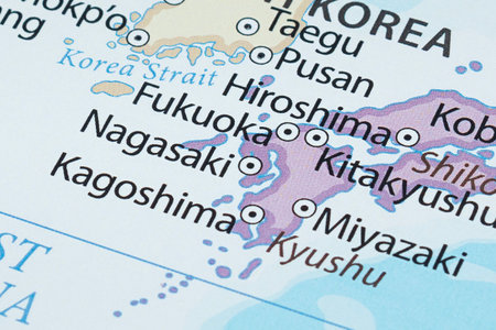 Macro photo of Nagasaki city in japan political map with country borders and most important citiesの写真素材