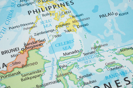 Macro photo of Celebes sea region in middle of Philippines and Indonesia with country borders and...