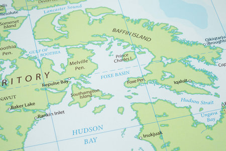 Macro photo Foxe Basin region with country borders and most important cities