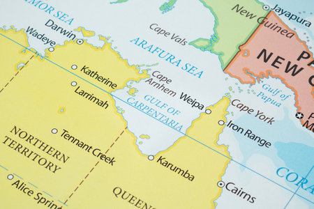 Macro photo Gulf of Carpentaria region with country borders and most important citiesの写真素材
