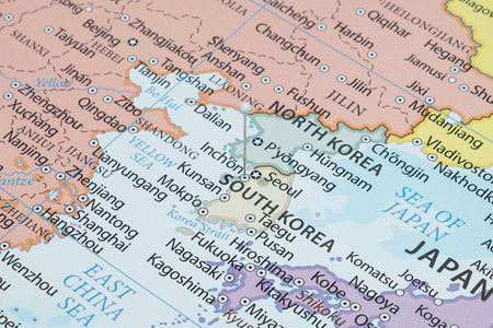 Close up to an Incheon city with a white pin needle into South Korea country political mapの写真素材