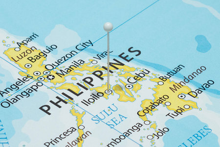 Close up to a Iloilo city with a white pin needle into Philippines country political map