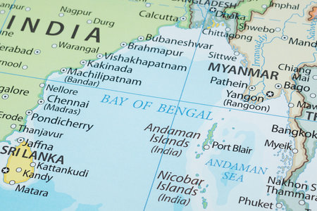 Macro photo of Bay of Bengal region in indian ocean with country borders and most important citiesの写真素材