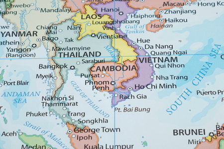Close up to Cambodia political map with country borders and most important citiesの写真素材