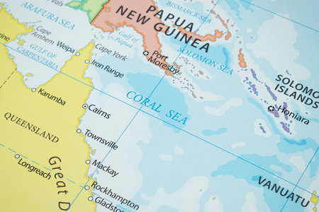 Macro photo of Coral sea region in middle of australia and papua new guinea with country borders and most important citiesの写真素材