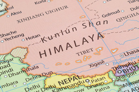 Close up to a Himalaya mountain range region into china with most important citiesの写真素材