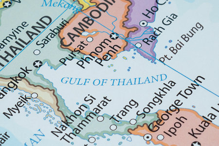 Macro photo Gulf of Thailand region with country borders and most important citiesの写真素材
