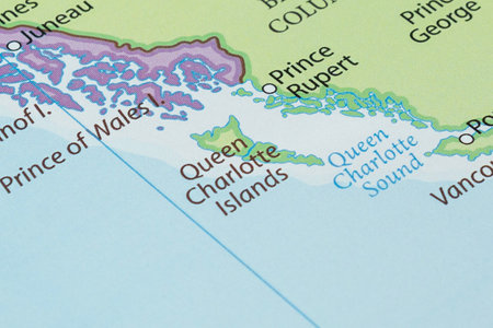 Close up to Queen Charlotte Islands of Canada political map with country bordersの写真素材