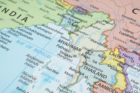 Close up to a Pathein city with a green pin needle into Myanmar country political mapの写真素材