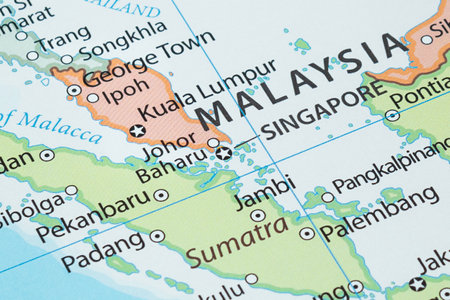 Close up to Singapore political map with country borders and most important citiesの写真素材