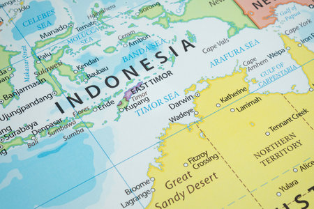 Close up to a Timor Sea region in oceania between Indonesia and Australia with countries borders and most important citiesの写真素材