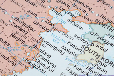 Close up to a Yellow Sea region in East Asia with countries borders and most important citiesの写真素材