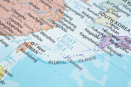 Macro photo of East China Sea region with country borders and most important citiesの写真素材
