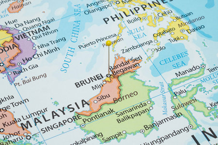 Close up to a Bandar Seri Begawan city with a yellow pin needle into Brunei country political mapの写真素材