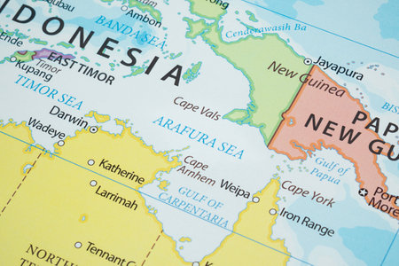 Macro photo of Arafura sea region in middle of australia and papua new guinea with country borders and most important citiesの写真素材