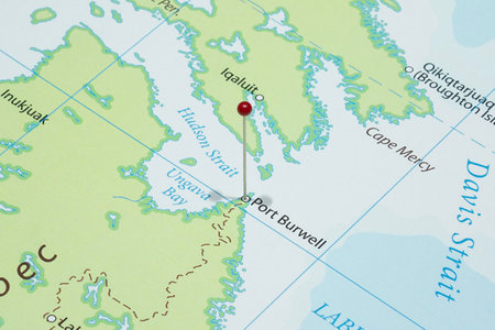Close up to a Port Burwell city with a red pin needle into Canada country political mapの写真素材